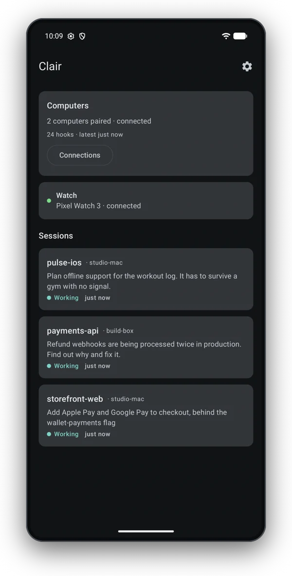 The Clair phone app listing three Claude Code sessions on two computers, each marked Working.
