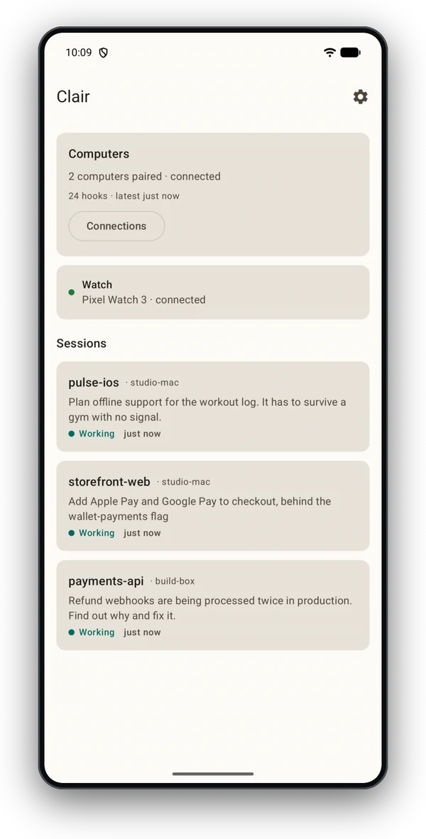The Clair phone app listing three Claude Code sessions on two computers, each marked Working.