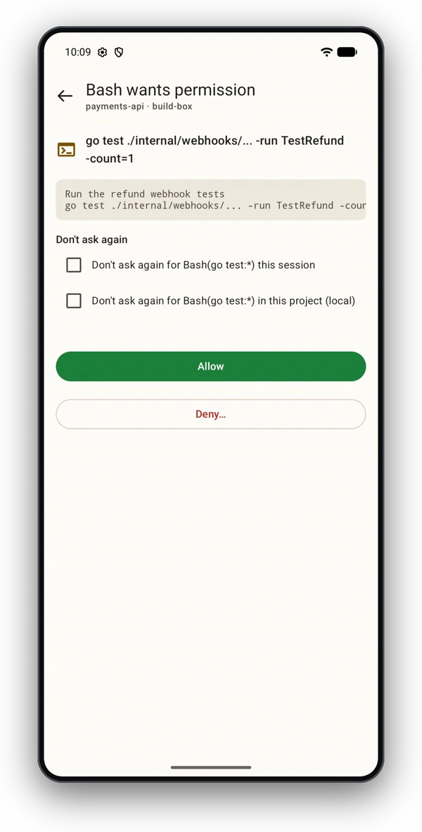 The Clair phone app asking whether Bash may run go test on the refund webhook tests, with Don't ask again boxes for this session or this project, above Allow and Deny buttons.