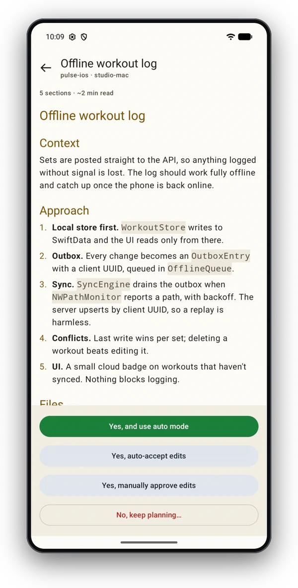A plan for an offline workout log on the phone, with buttons to approve it with auto mode, auto-accept edits, approve edits manually, or keep planning.