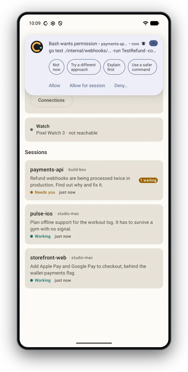 A Clair notification on the phone asking whether Bash may run go test, with Allow, Allow for session and Deny buttons.