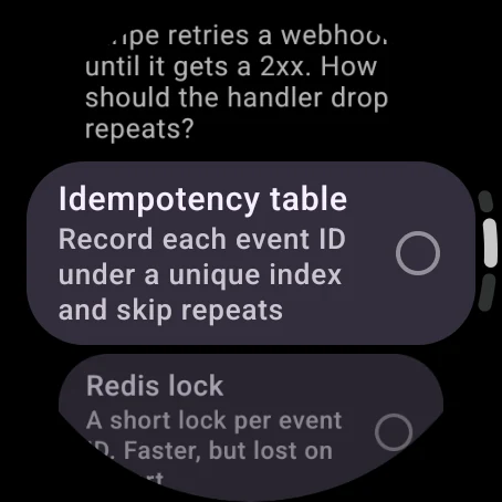A question from Claude on the watch, offering an idempotency table or a Redis lock, each with a short description.