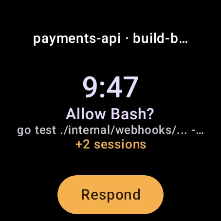 The Clair tile: a waiting Bash prompt in the payments-api session, two more sessions, and a Respond button.
